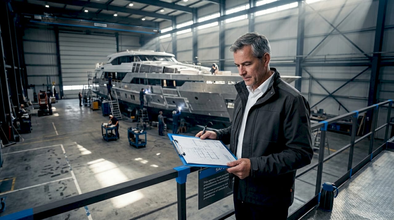 Shipyard supervisor overlooking yacht construction