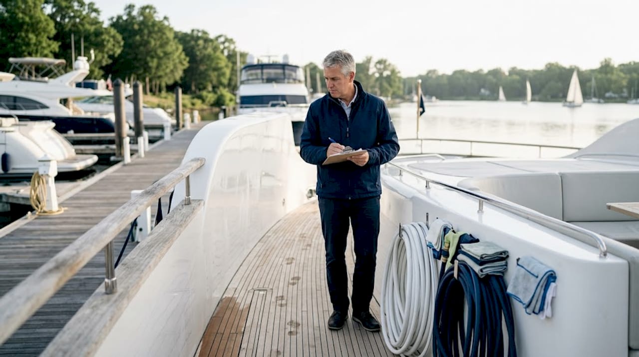 Manager inspecting luxury yacht aftercare