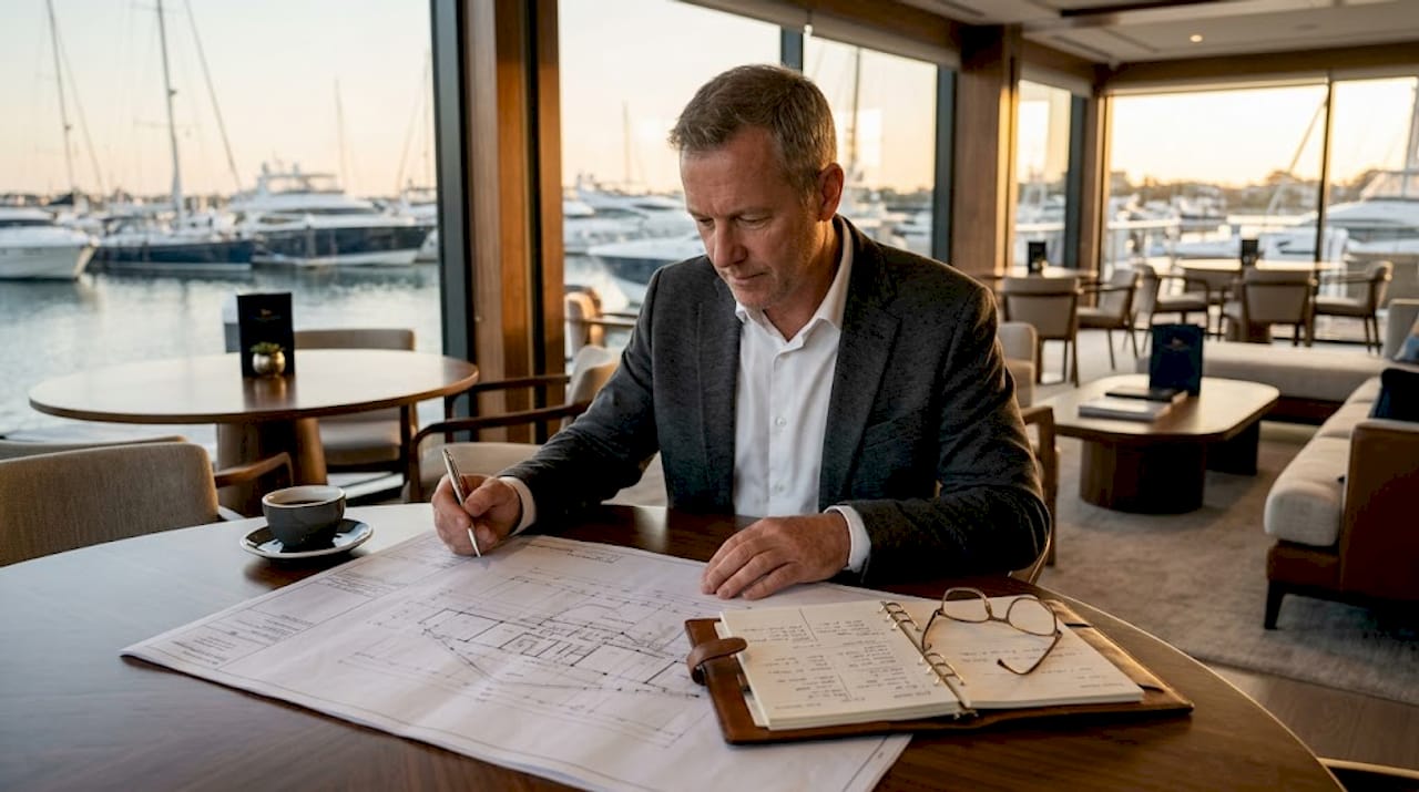 Yacht owner's rep reviewing blueprints