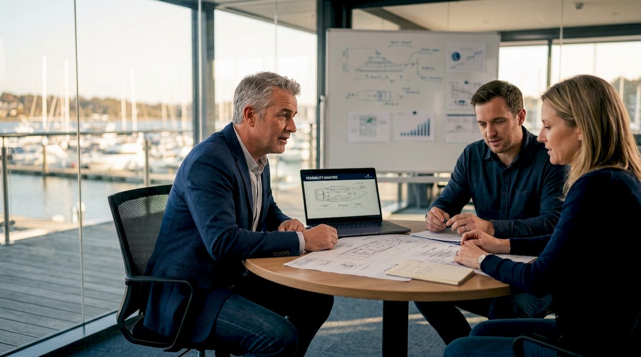 Yacht team reviewing feasibility study blueprints