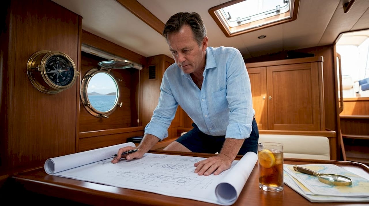 Yacht owner studying renovation plans onboard
