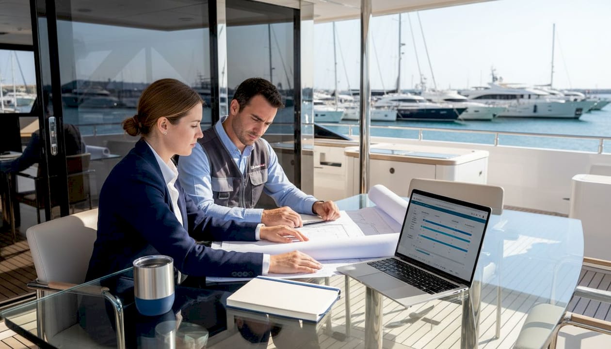 Yacht project team reviews blueprints onboard