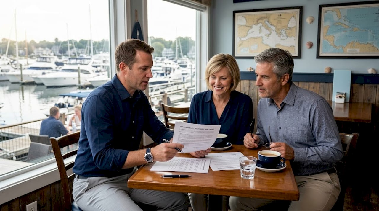 Yacht broker reviews warranty documents with buyers