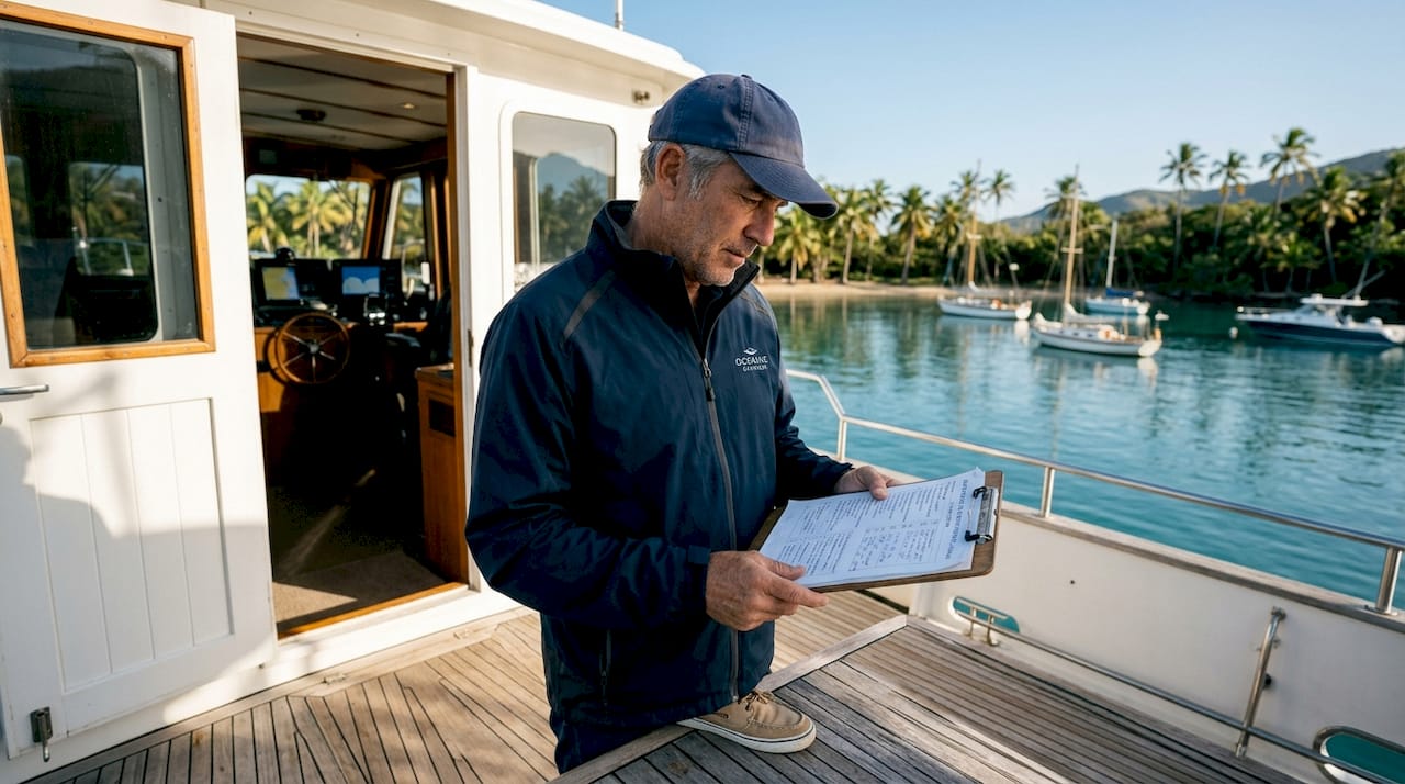 Yacht captain preparing for a sea trial at marina
