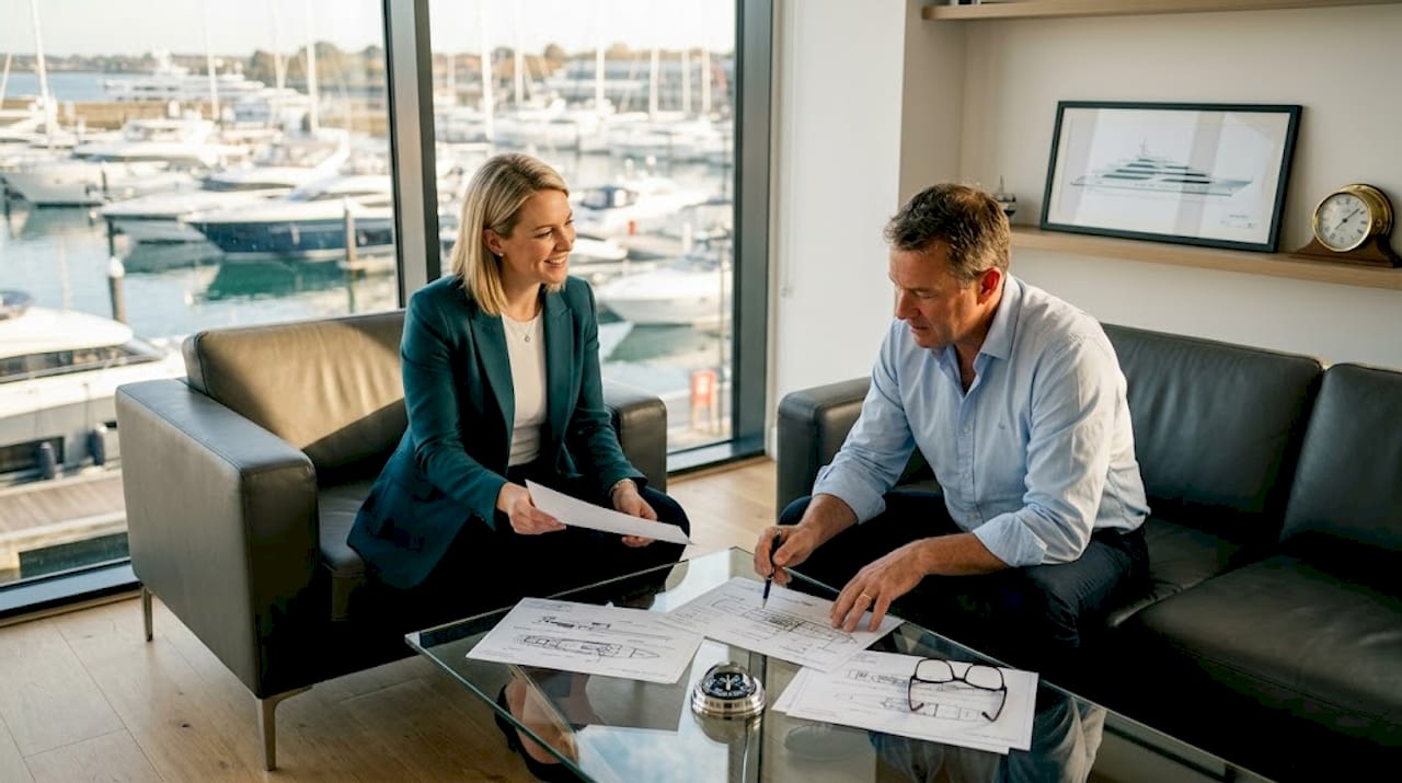 Consultant and client review yacht designs