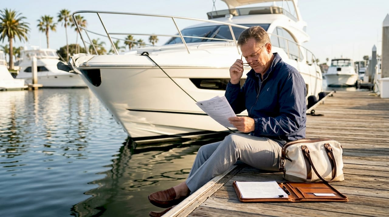 Yacht owner reviewing paperwork on dock