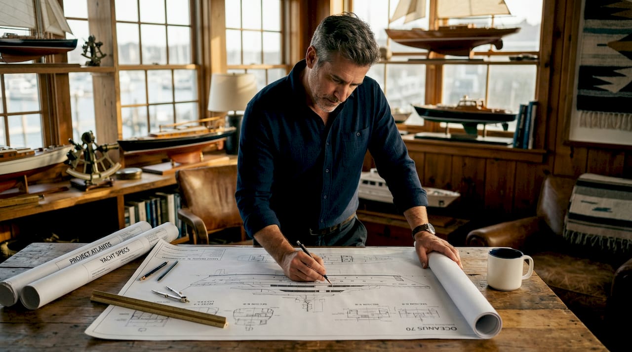 Yacht designer reviewing blueprint in studio