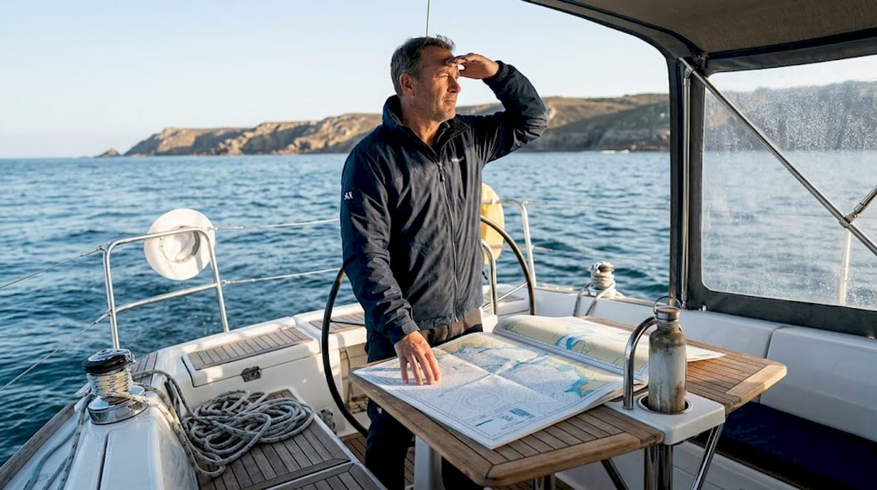 Skipper checks charts on yacht during offshore delivery