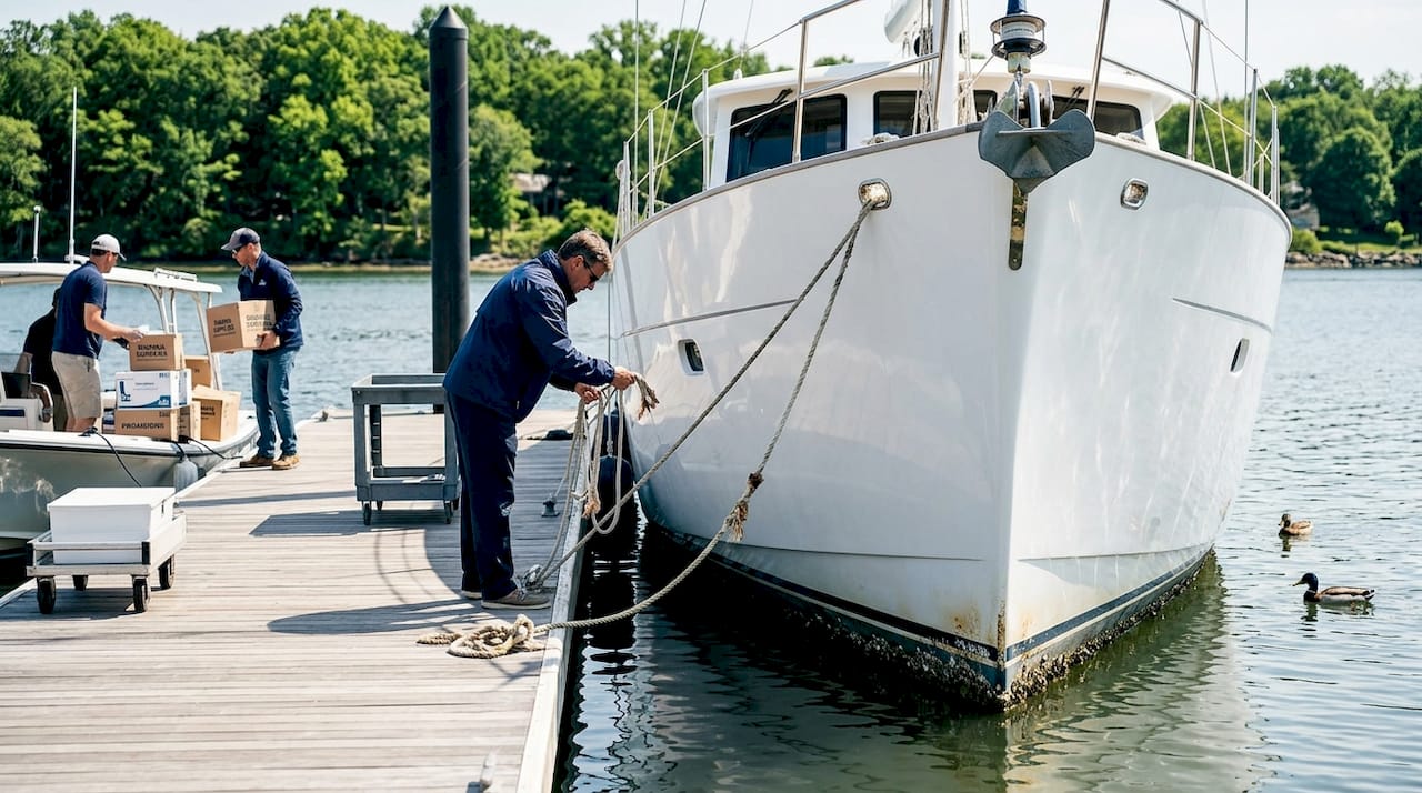 Displacement hull yacht docked at marina