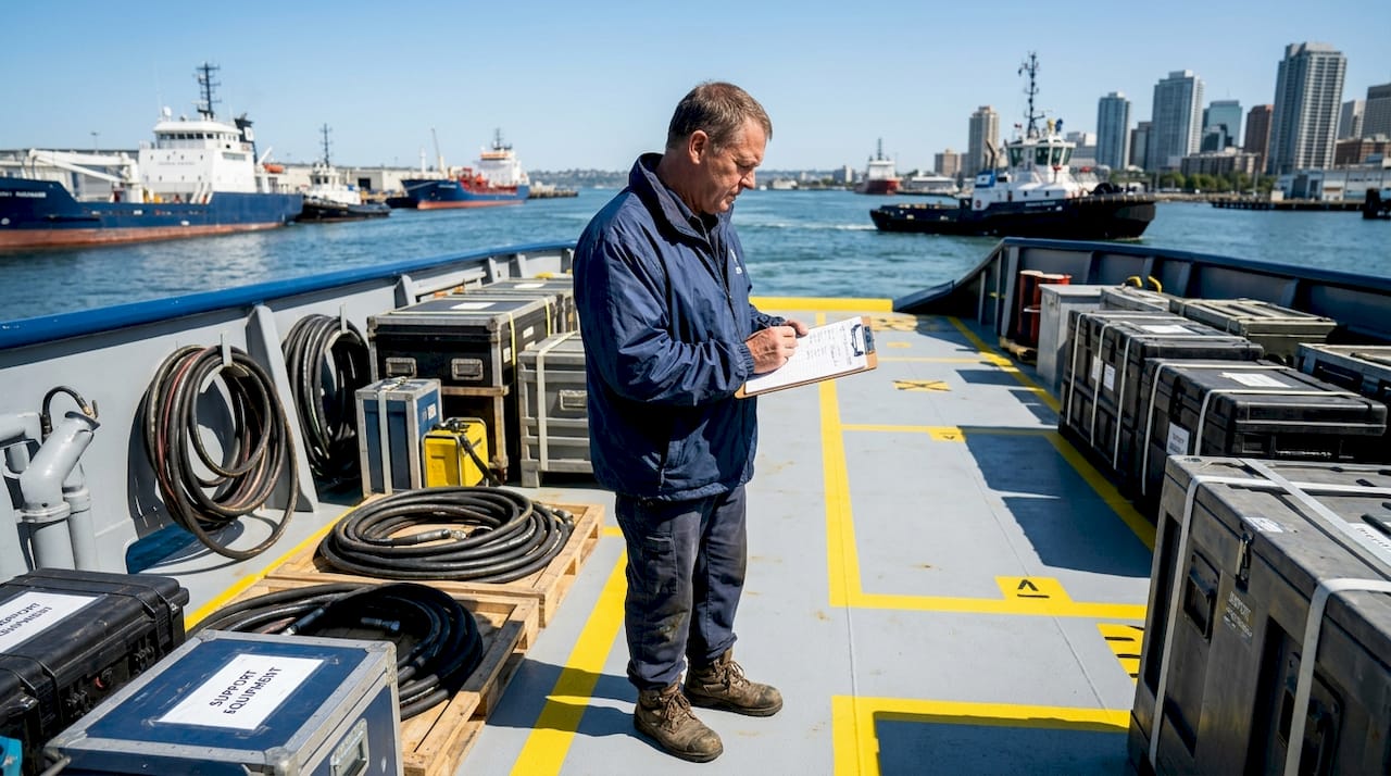 Crew member checking clipboard on vessel deck