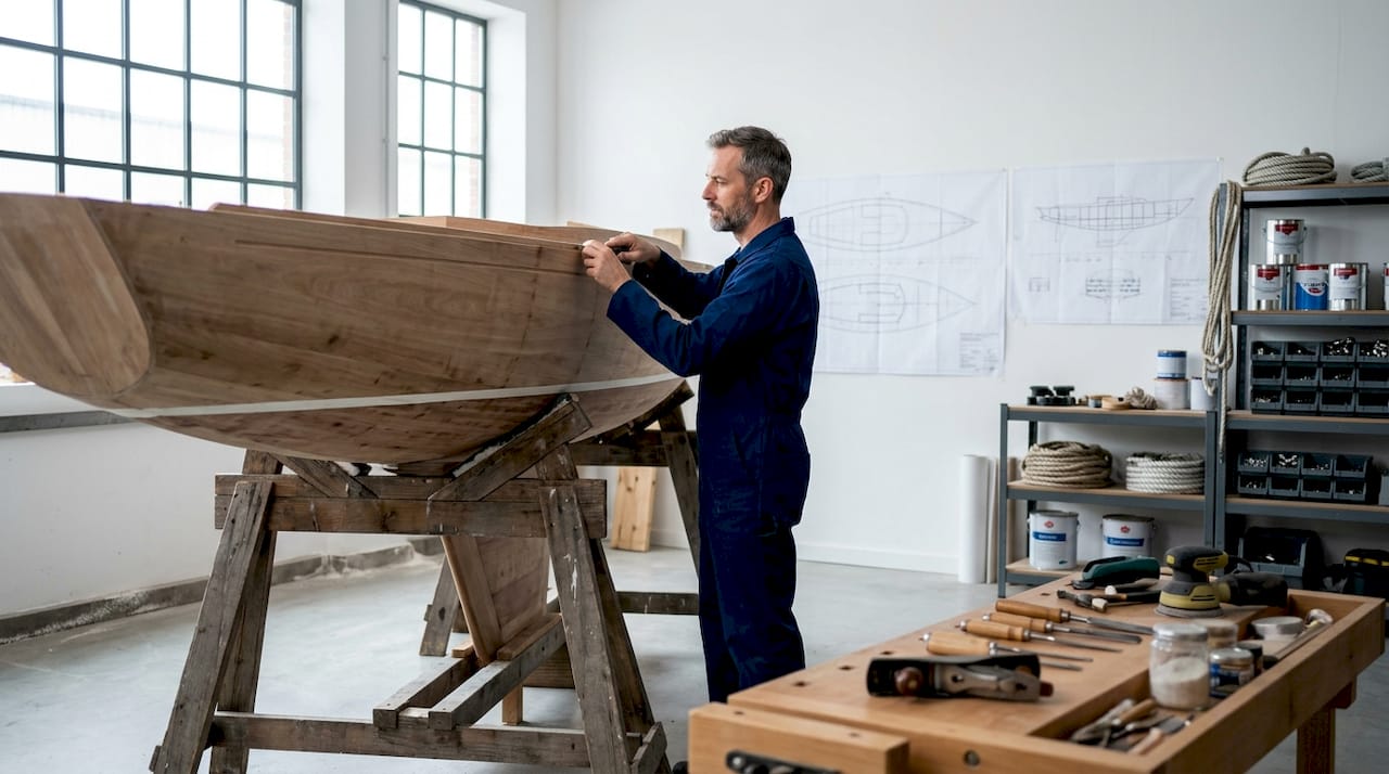 Craftsman working on yacht hull in workshop
