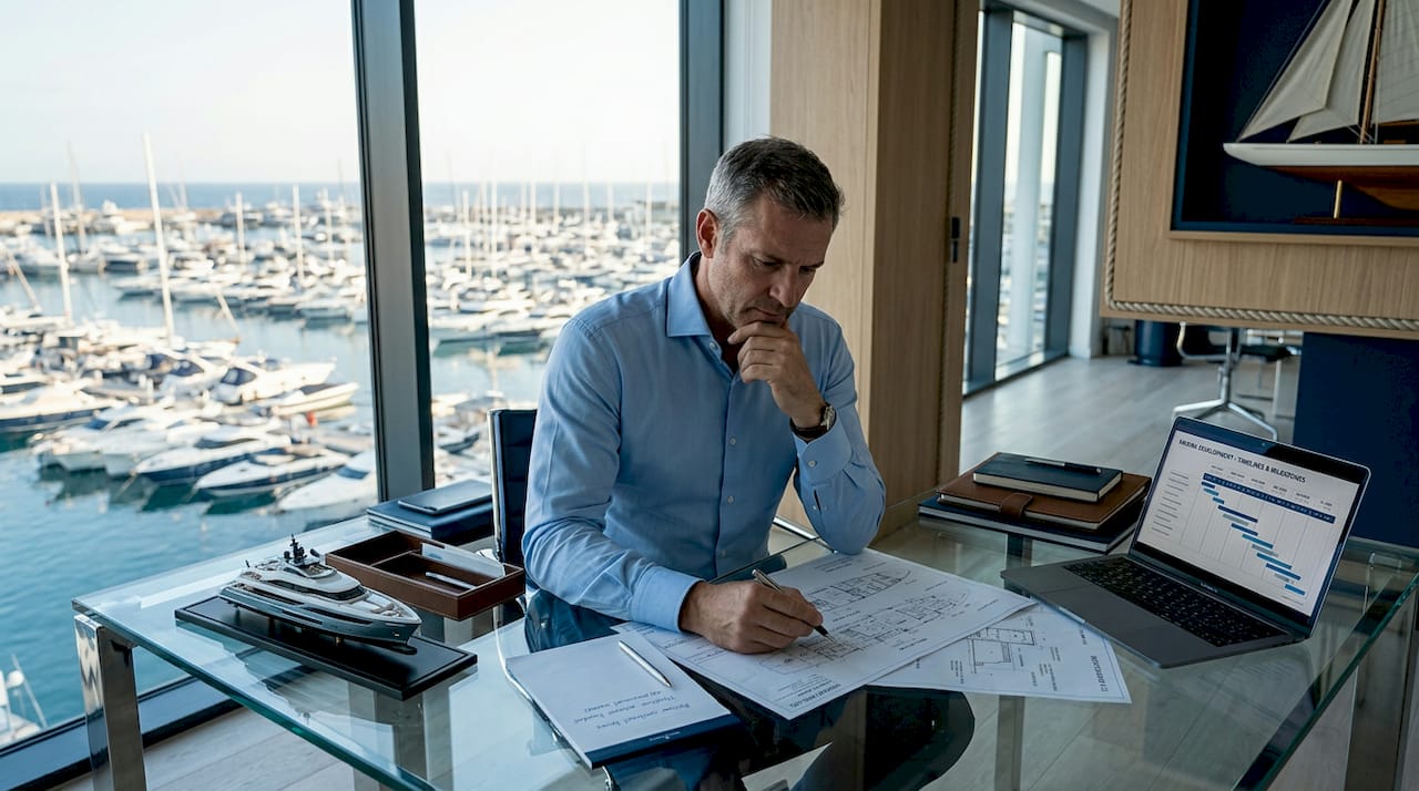 Yacht owner representative reviewing yacht plans