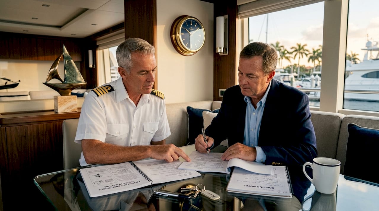 Yacht owner and captain reviewing briefing materials onboard