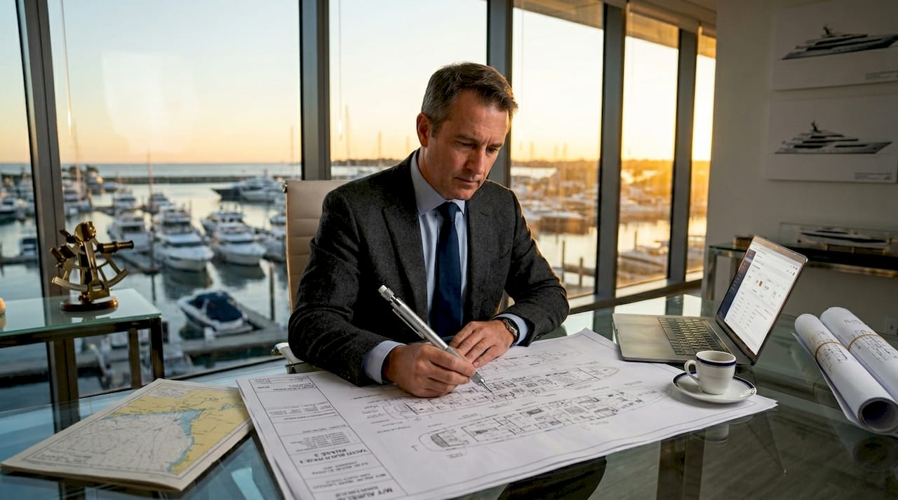Owner's representative reviewing yacht plans in office