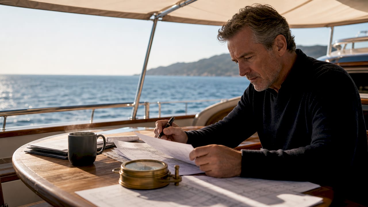 Yacht owner reviewing refit plans at desk