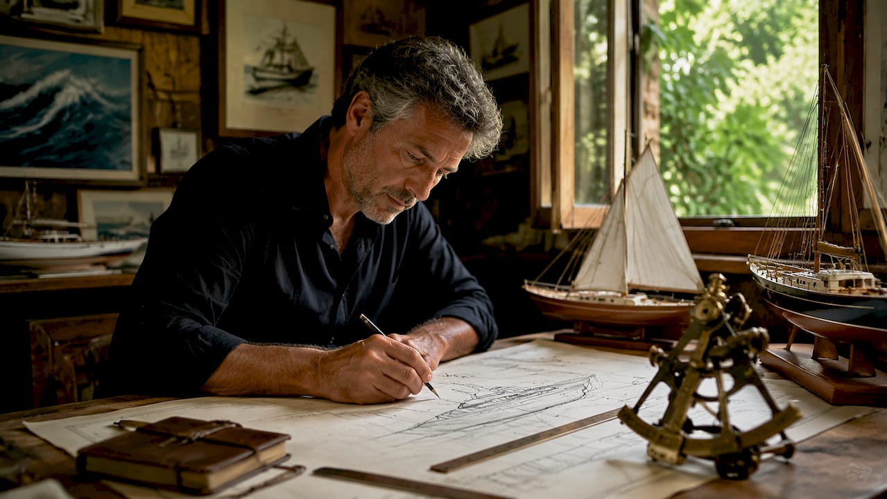 Yacht designer working on blueprint in studio