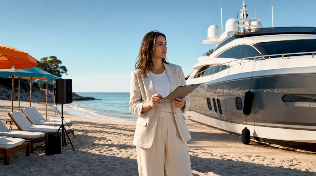 Event planner inspecting yacht at marina dock