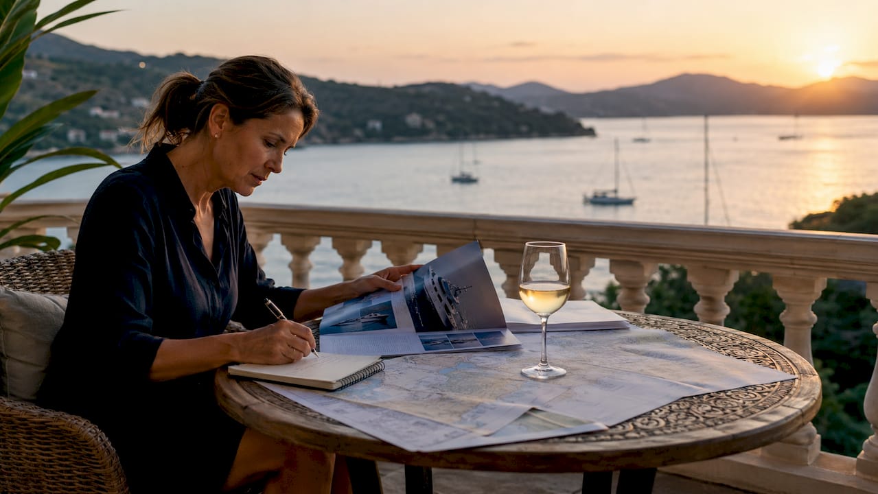 Woman planning luxury yacht charter at home desk