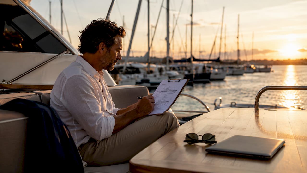 Yacht owner reviewing design brief on marina deck
