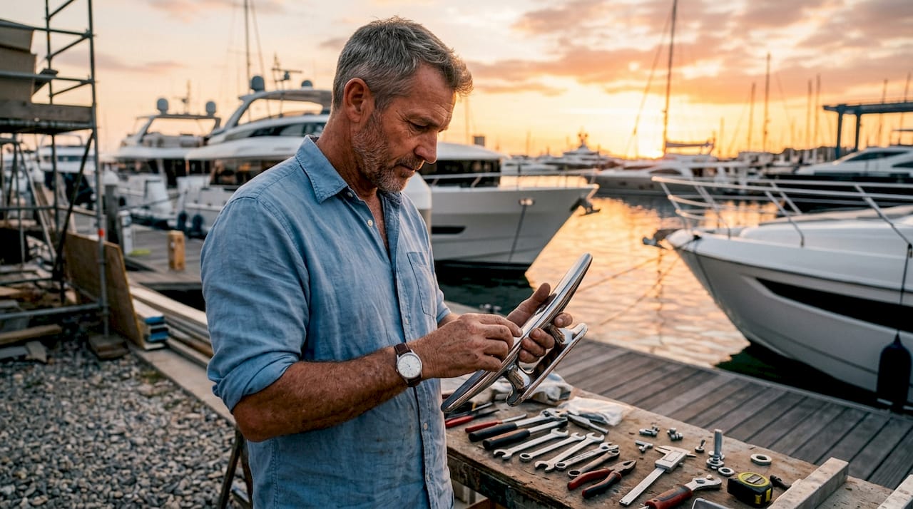 Yacht engineer inspecting custom marine hardware