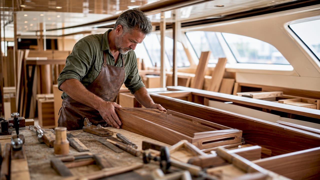 Artisan fitting custom wood panel inside yacht workshop