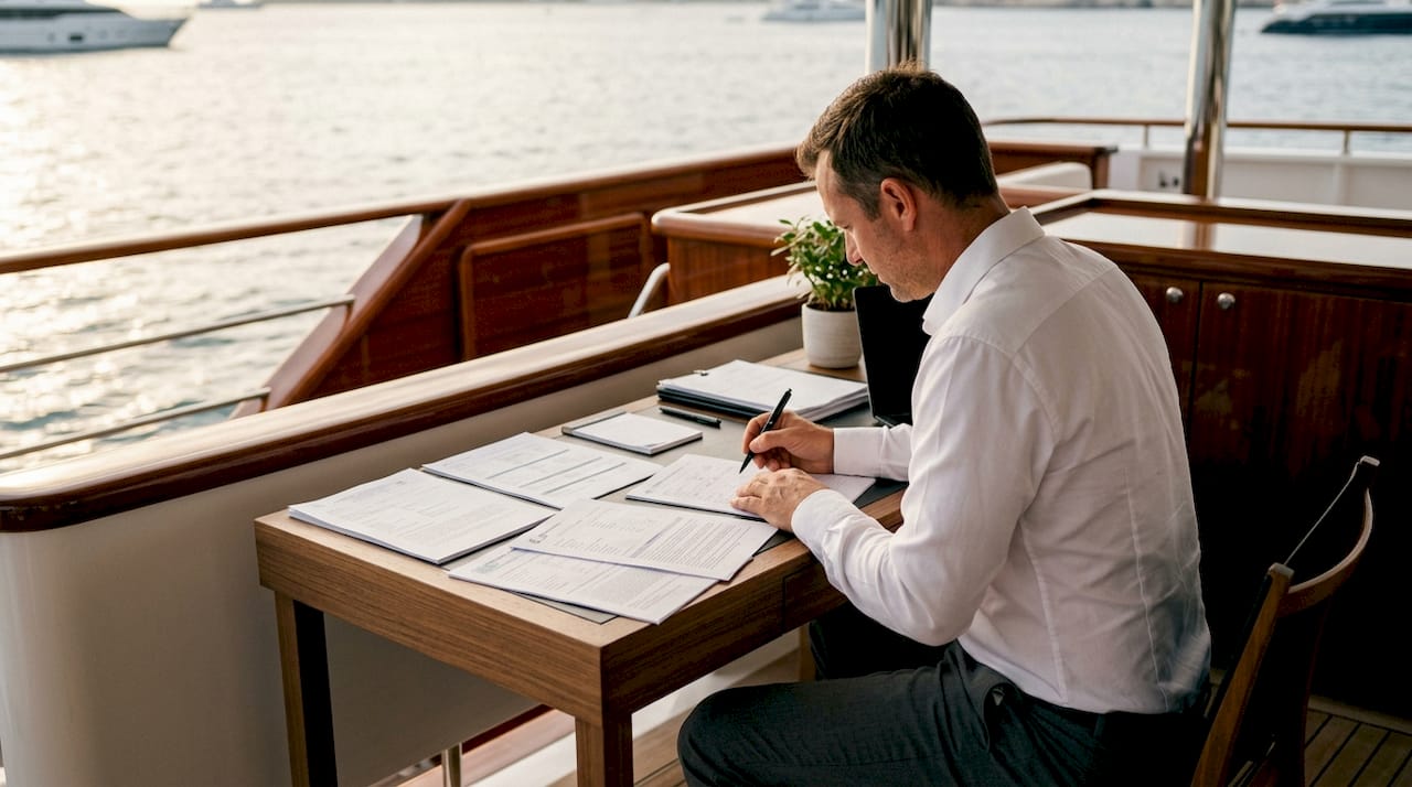 Marine surveyor reviewing yacht documents
