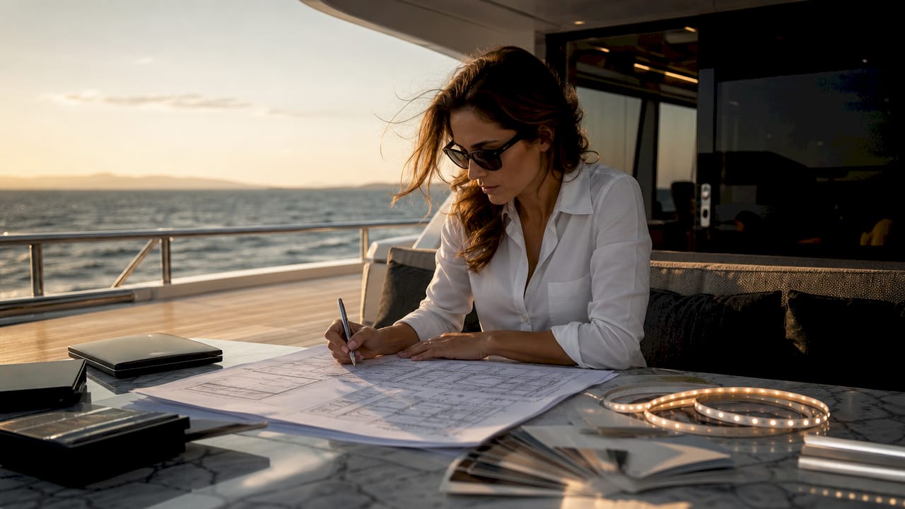 Lighting designer reviewing yacht plans indoors