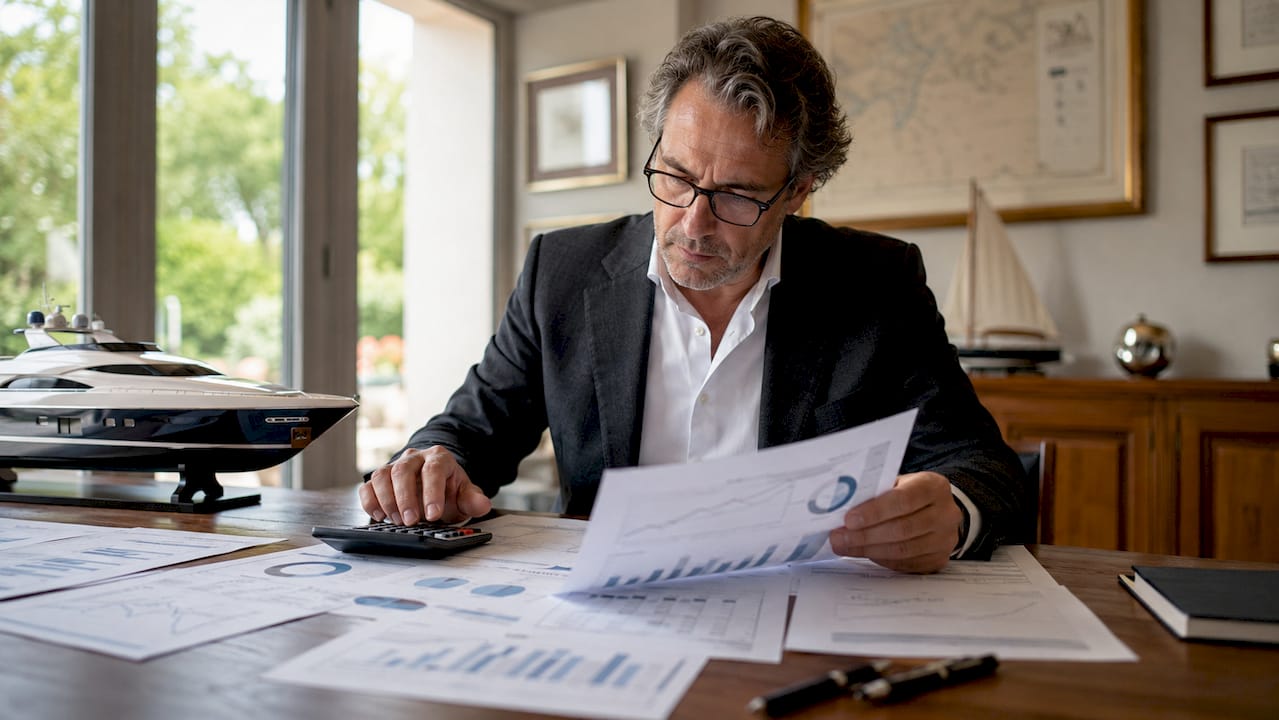 Investor reviewing yacht depreciation documents at desk
