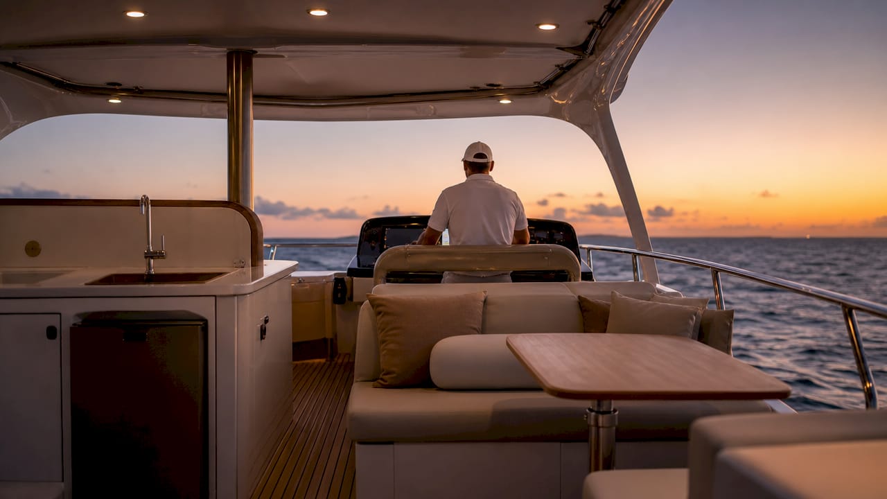 Yacht flybridge deck with captain at helm