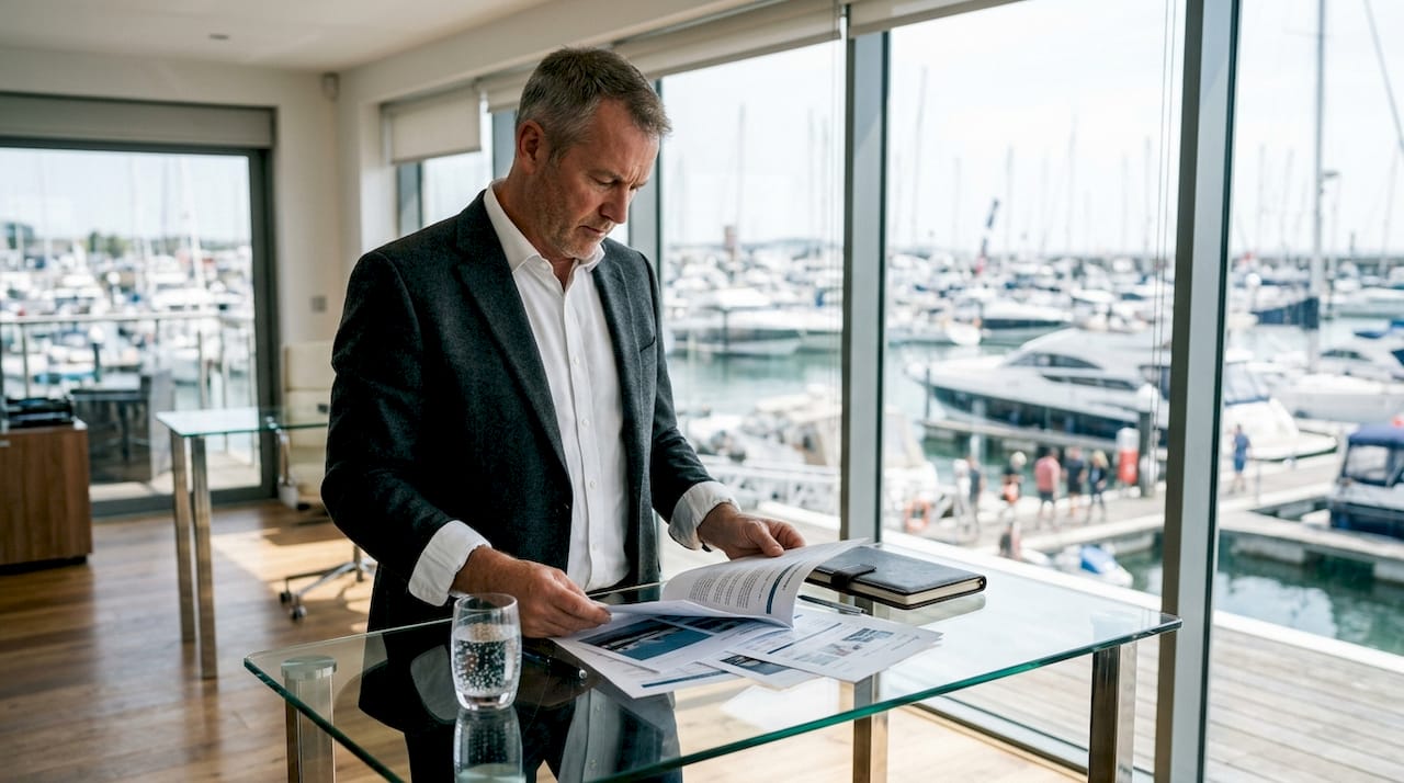 Yacht broker reviewing market reports by marina view
