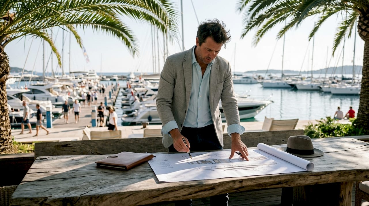 Yacht designer reviewing exterior blueprints outdoors