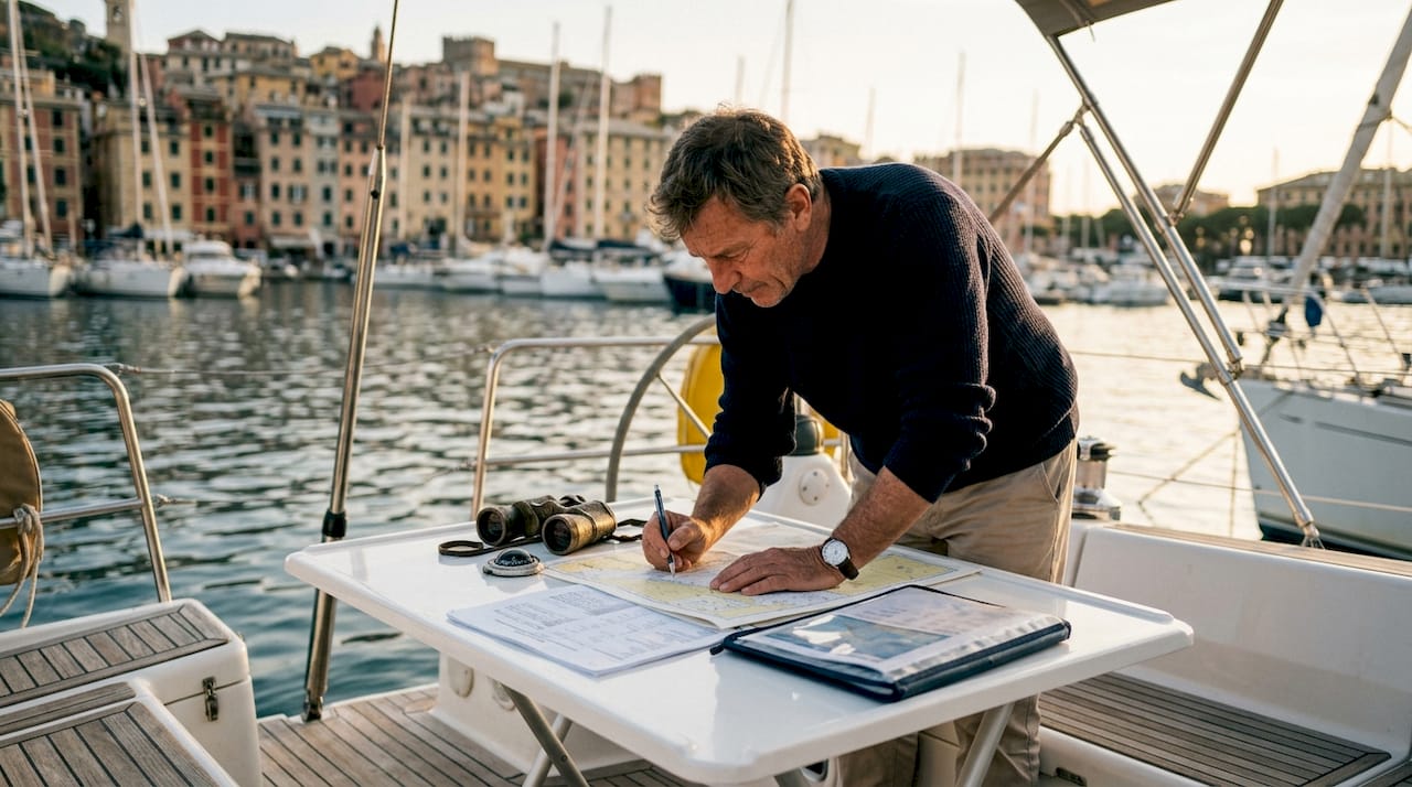 Sailor reviewing documents on yacht deck