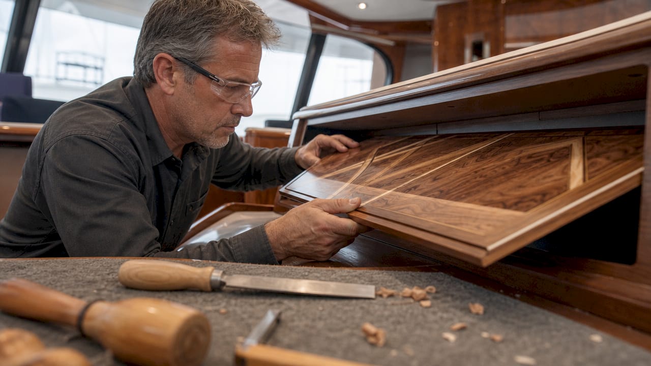 Craftsman fitting wood panel in luxury yacht interior