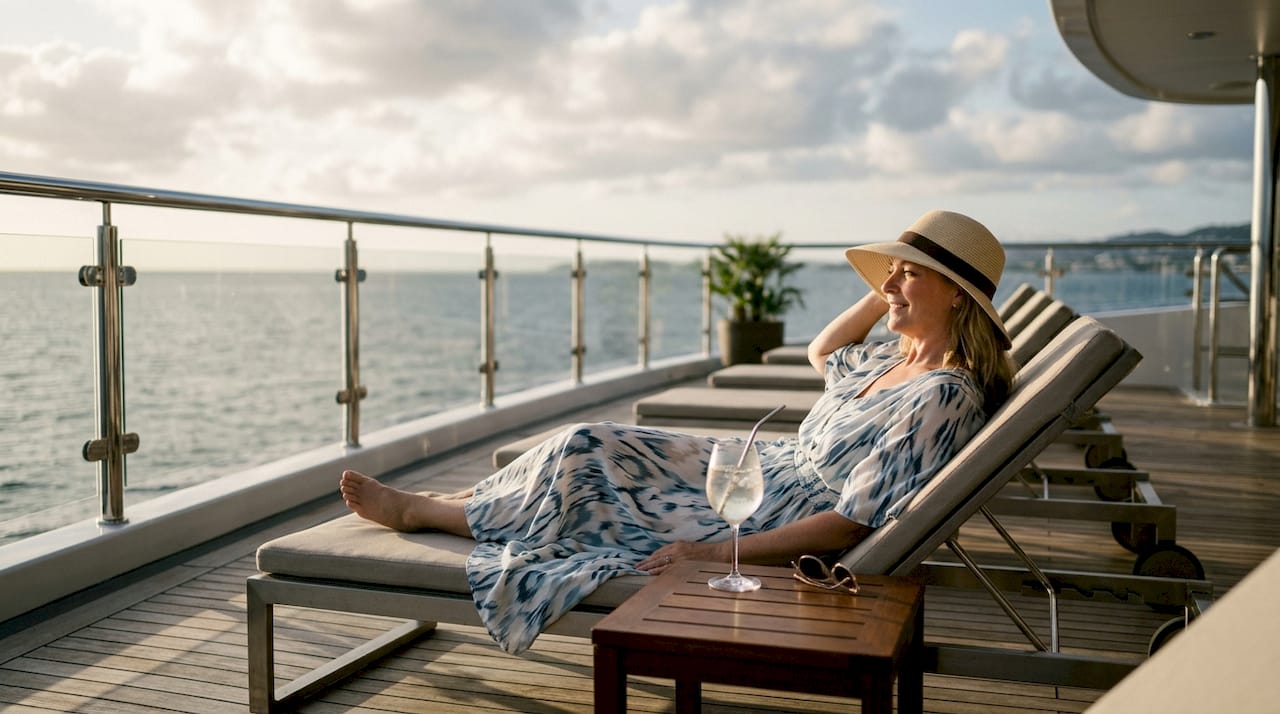 Woman relaxing on luxury yacht sundeck sunlounger