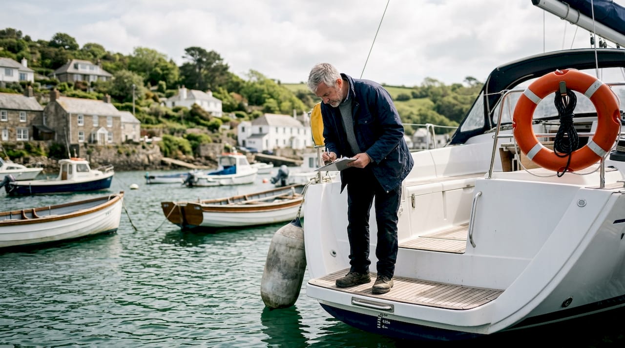 Marine engineer checking yacht hull at marina