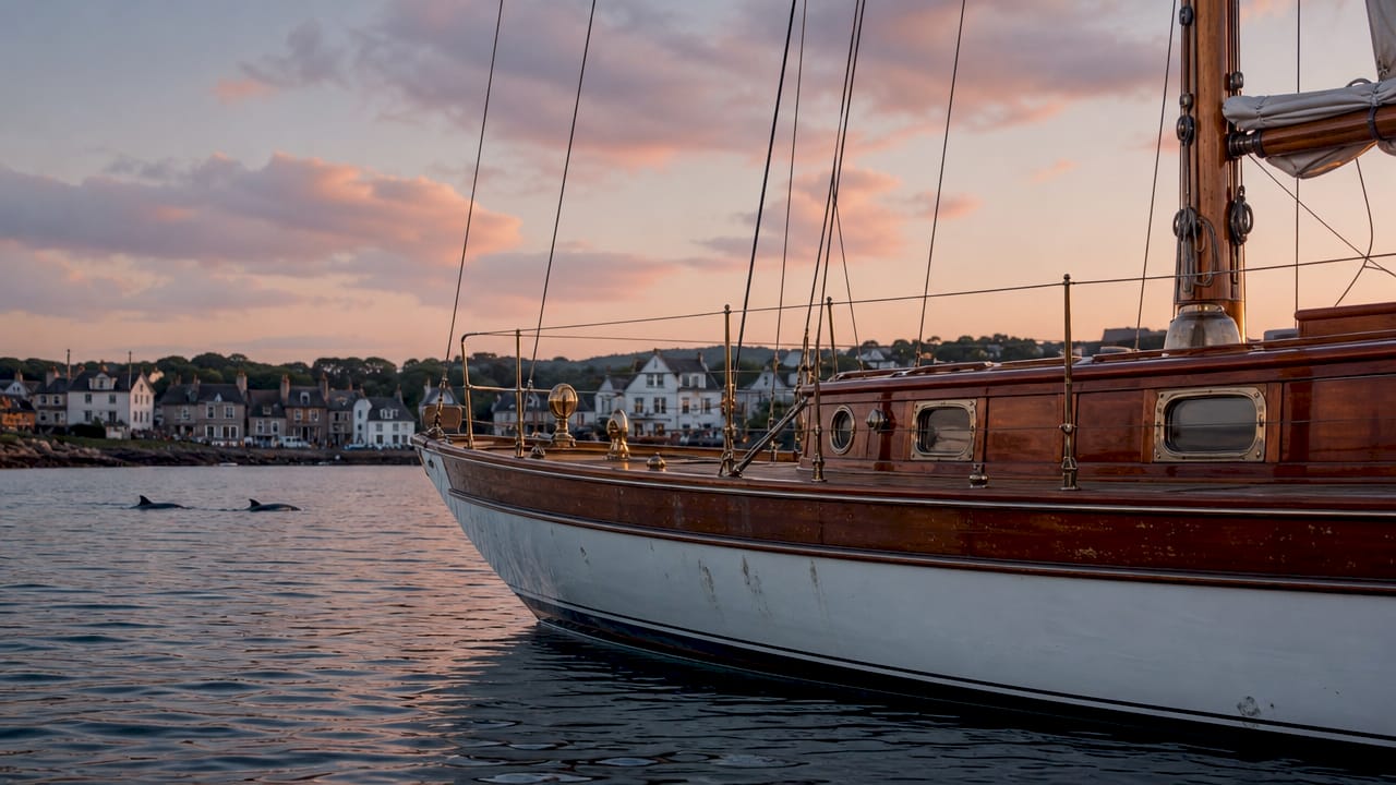 Classic vintage yacht docked at marina on sunny day