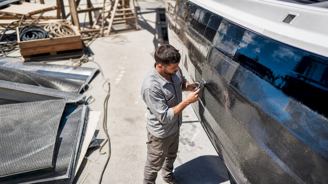 Engineer inspecting composite yacht hull