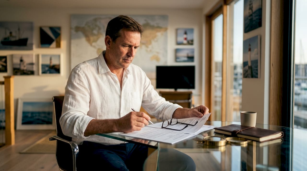 Yacht owner reviewing registration document