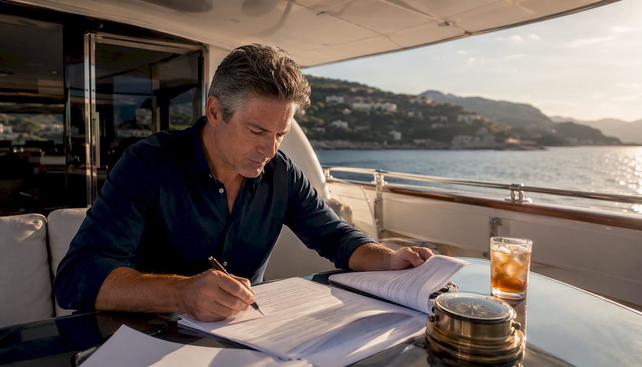 Yacht owner reviewing insurance documents