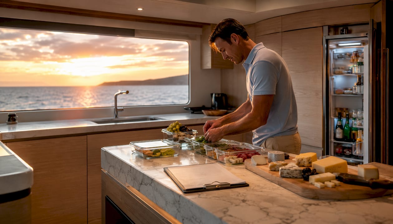 Yacht steward organizing fresh provisions inside galley