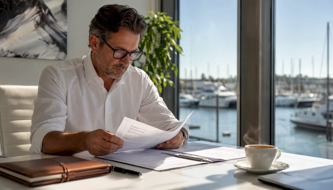Financial advisor reviewing yacht tax documents