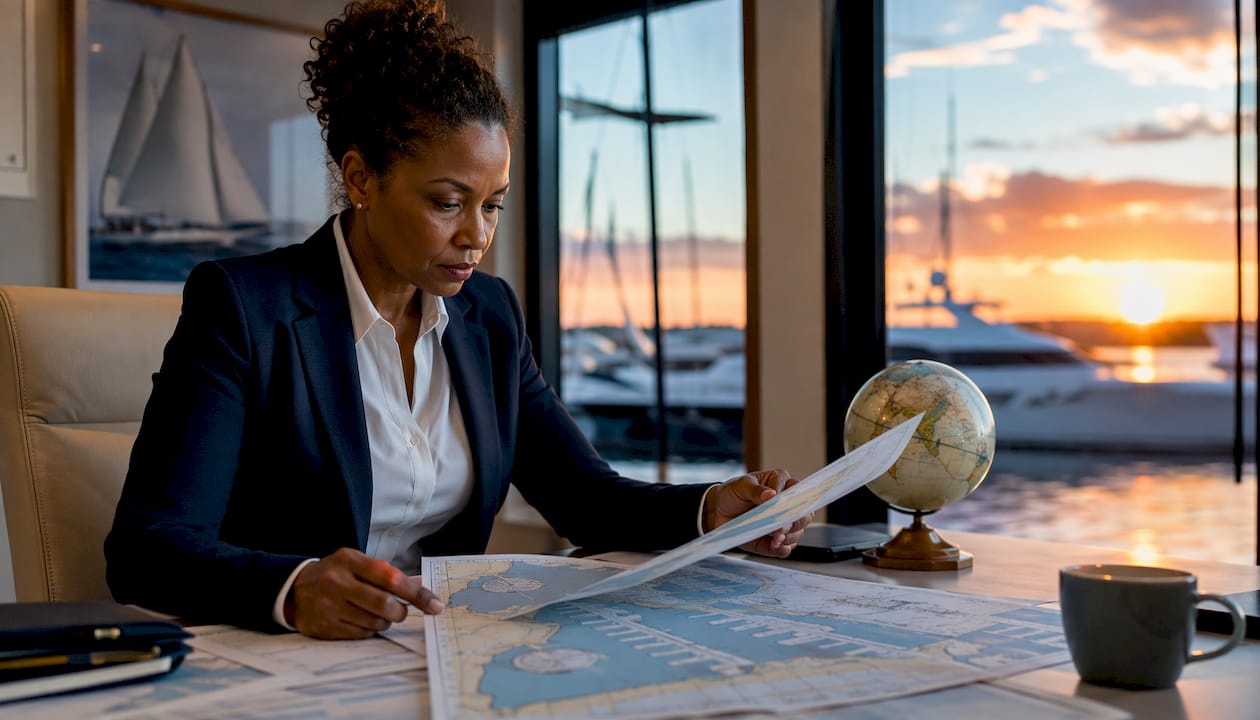 Marina manager reviewing yacht location maps near docked yachts