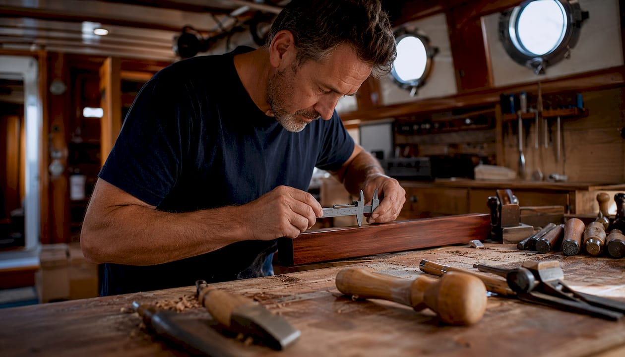Craftsman measuring mahogany wood in yacht workshop