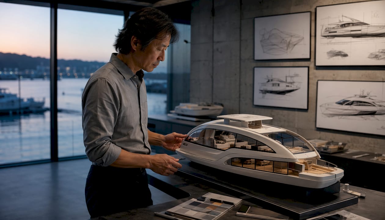 Yacht designer examining curved glass model