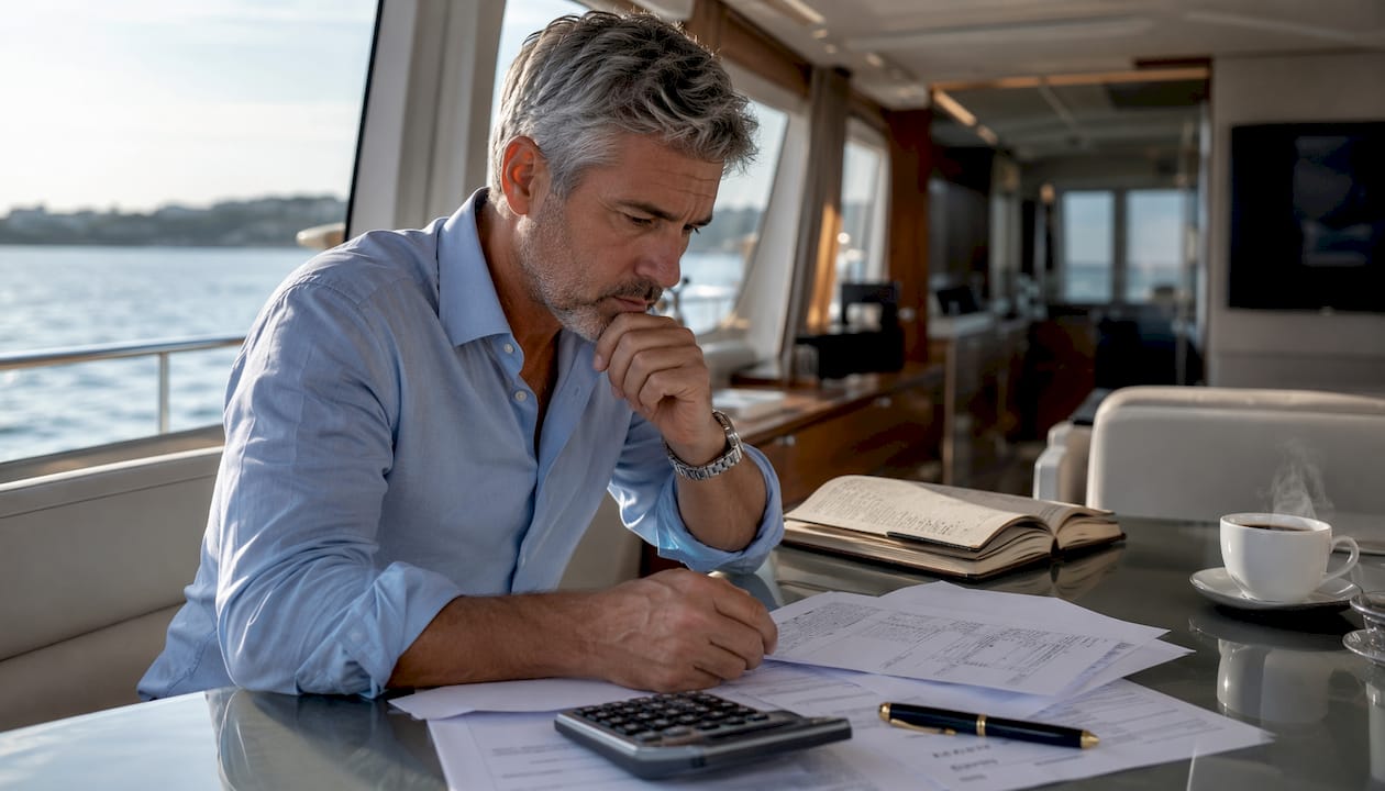 Yacht owner reviewing budget documents onboard