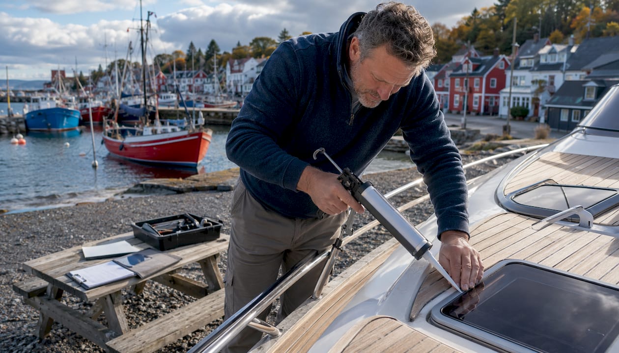 Yacht owner preparing deck for winter lay-up