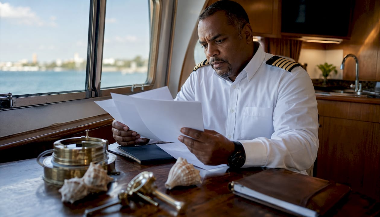 Captain reviewing commercial yacht license documents