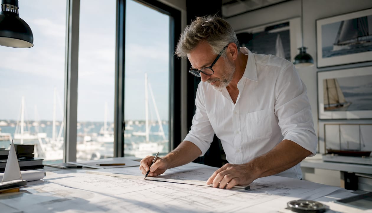 Naval architect reviewing yacht design blueprints