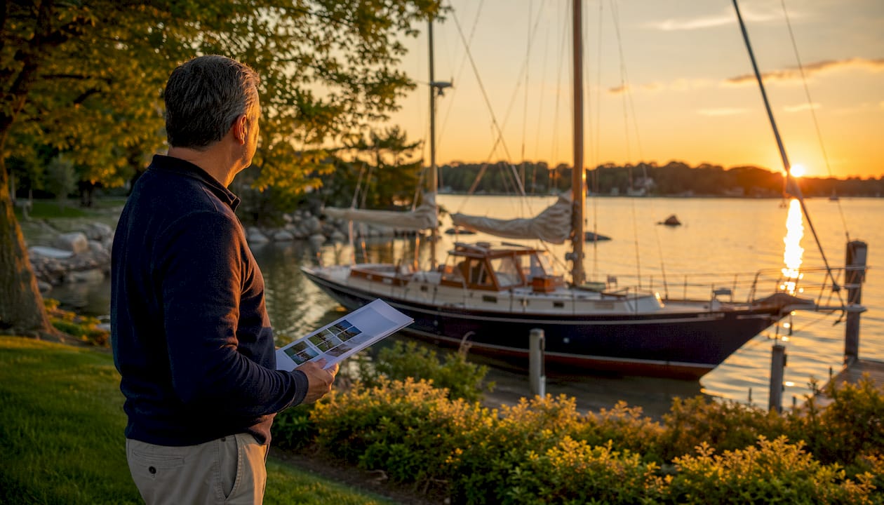 Buyer reviewing motor sailers at marina dock