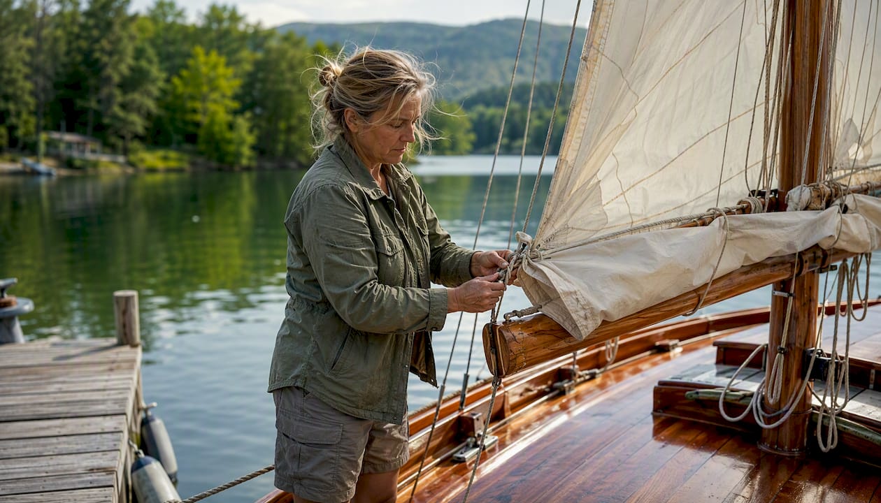 Woman preparing sails on yacht deck